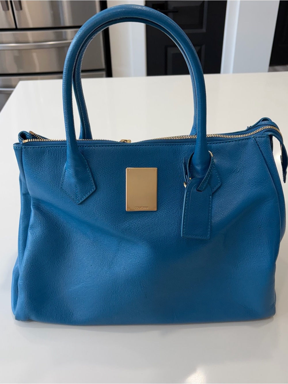 Couronne Large Blue leather top handle/satchel with gold accents